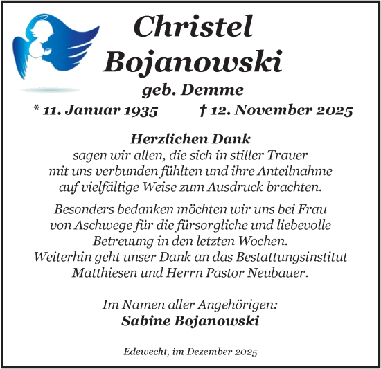 Traueranzeige von Christel Bojanowski von Nordwest-Zeitung