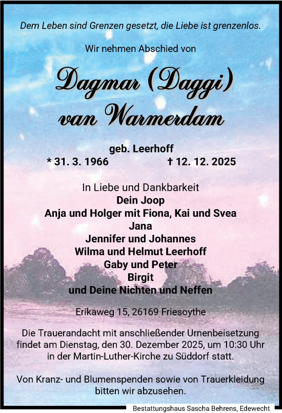 Traueranzeige von Dagmar van Warmerdam von Nordwest-Zeitung