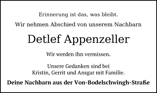 Traueranzeige von Detlef Appenzeller von Nordwest-Zeitung