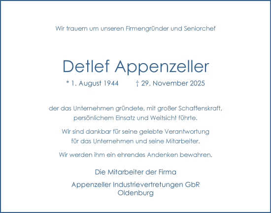 Traueranzeige von Detlef Appenzeller von Nordwest-Zeitung