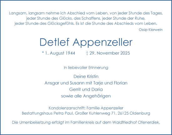 Traueranzeige von Detlef Appenzeller von Nordwest-Zeitung