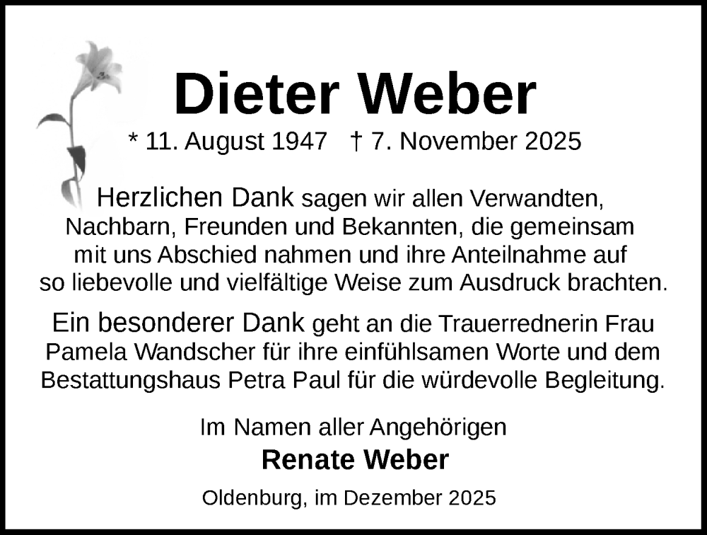  Traueranzeige für Dieter Weber vom 20.12.2025 aus Nordwest-Zeitung