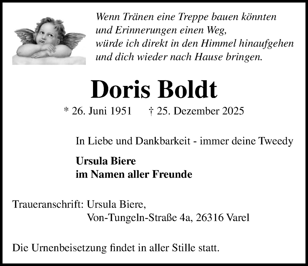 Traueranzeige für Doris Boldt vom 31.12.2025 aus Nordwest-Zeitung