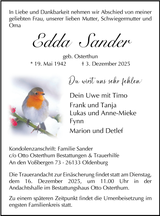 Traueranzeige von Edda Sander von Nordwest-Zeitung
