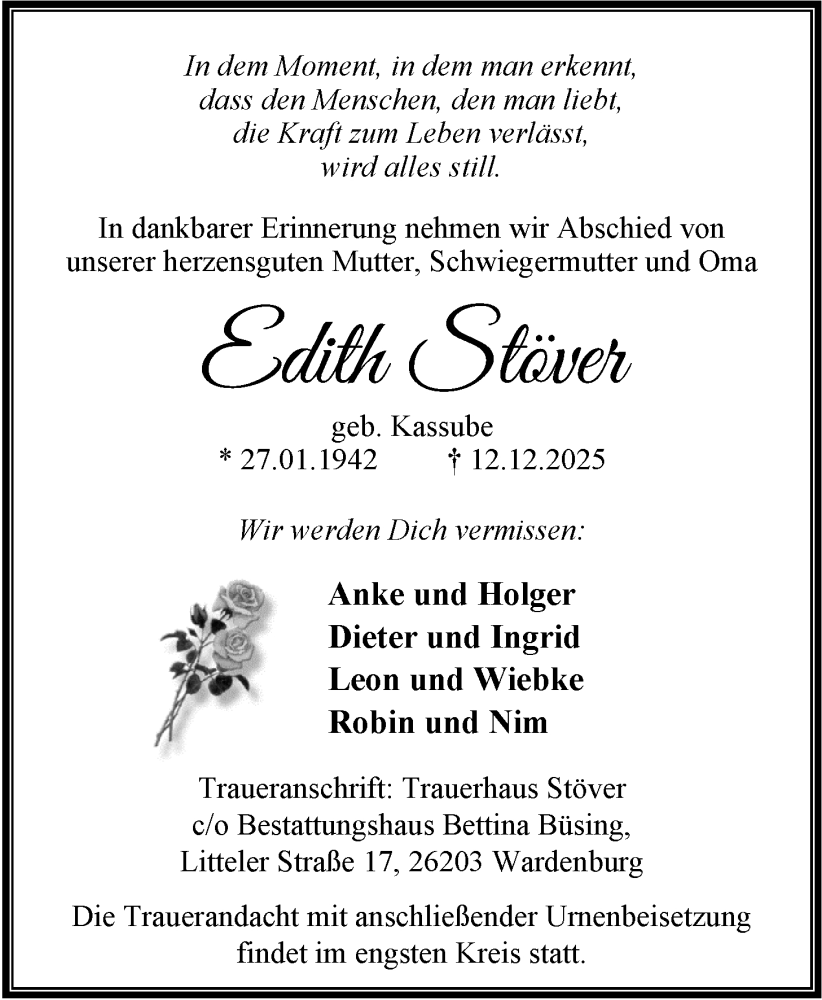  Traueranzeige für Edith Stöver vom 20.12.2025 aus Nordwest-Zeitung