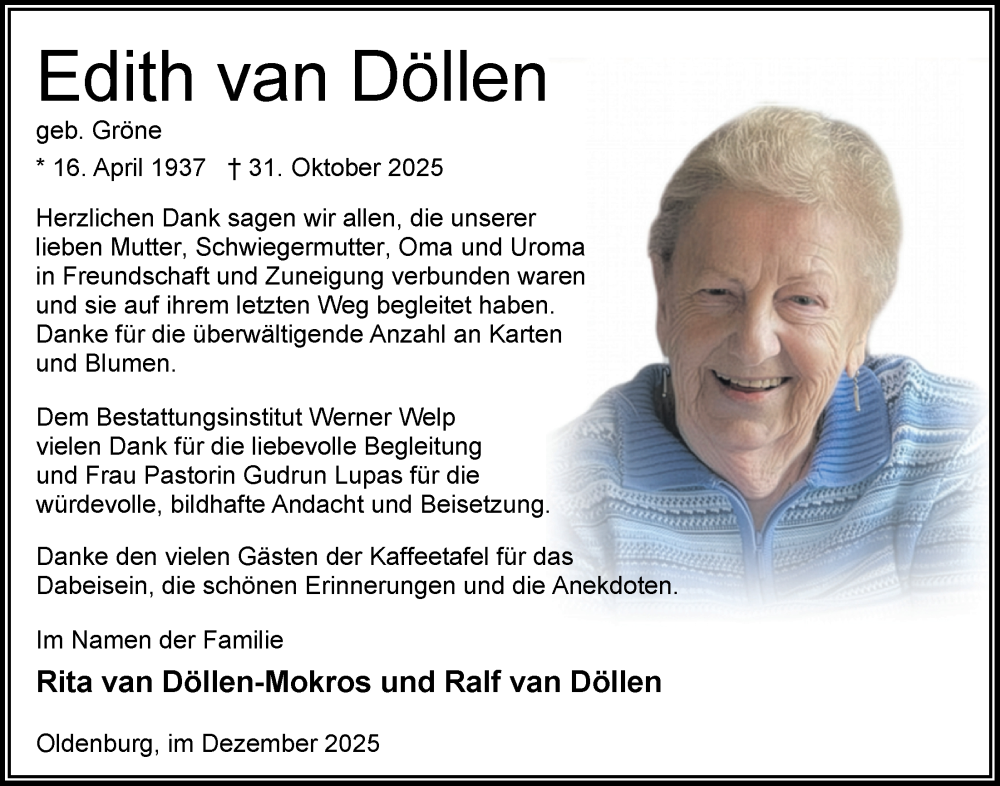  Traueranzeige für Edith van Döllen vom 06.12.2025 aus Nordwest-Zeitung