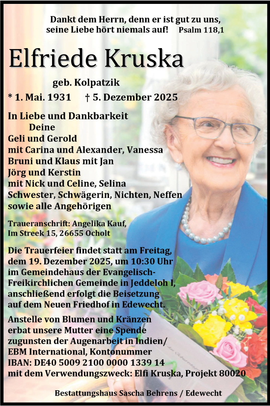 Traueranzeige von Elfriede Kruska von Nordwest-Zeitung
