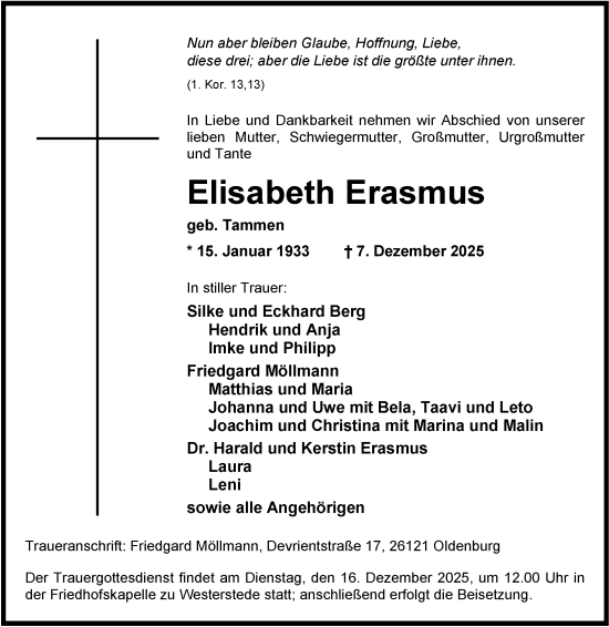 Traueranzeige von Elisabeth Erasmus von Nordwest-Zeitung