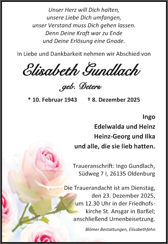 Traueranzeige von Elisabeth Gundlach von Nordwest-Zeitung