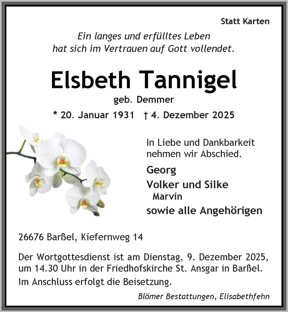  Traueranzeige für Elsbeth Tannigel vom 06.12.2025 aus Nordwest-Zeitung