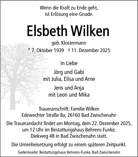Traueranzeige von Elsbeth Wilken von Nordwest-Zeitung