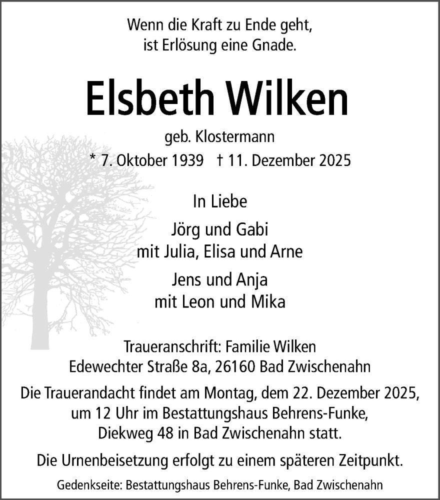  Traueranzeige für Elsbeth Wilken vom 18.12.2025 aus Nordwest-Zeitung