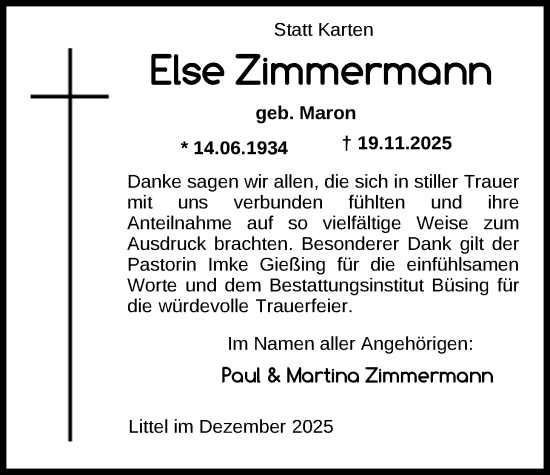 Traueranzeige von Else Zimmermann von Nordwest-Zeitung