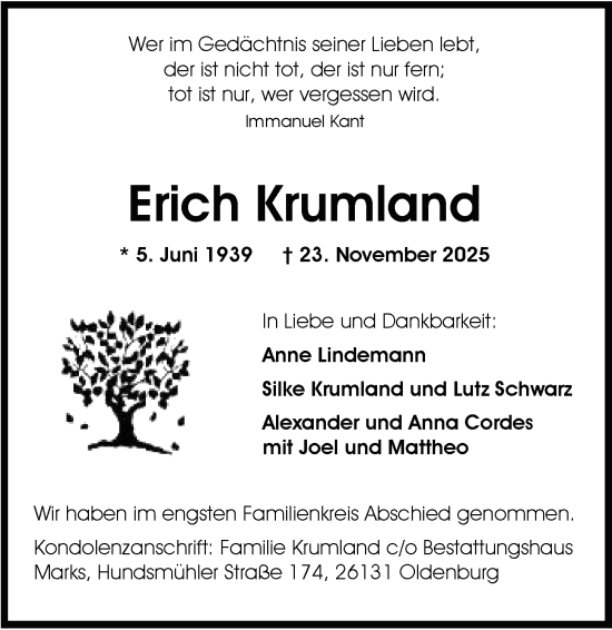 Traueranzeige von Erich Krumland von Nordwest-Zeitung