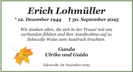 Traueranzeige von Erich Lohmüller von Nordwest-Zeitung