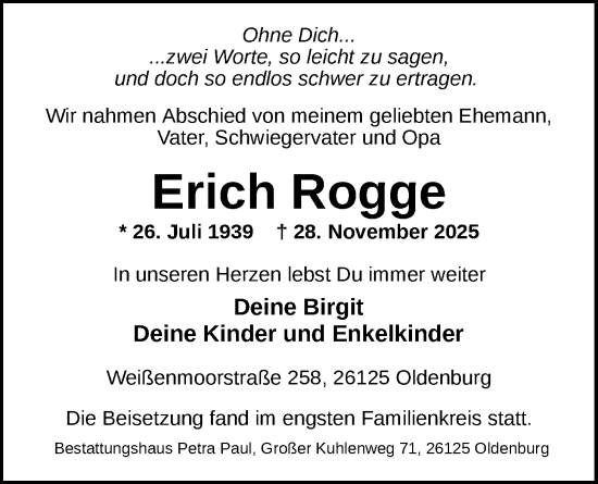 Traueranzeige von Erich Rogge von Nordwest-Zeitung