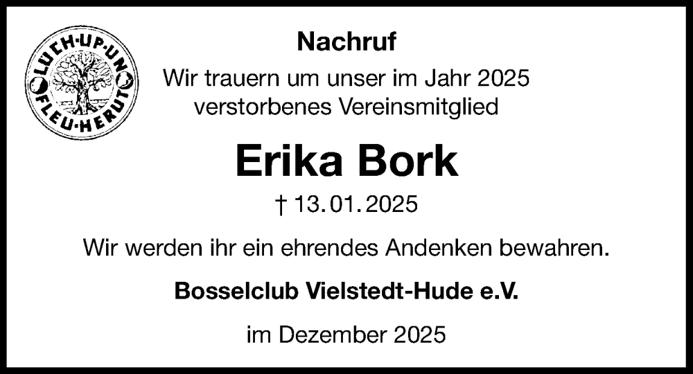  Traueranzeige für Erika Bork vom 27.12.2025 aus Nordwest-Zeitung