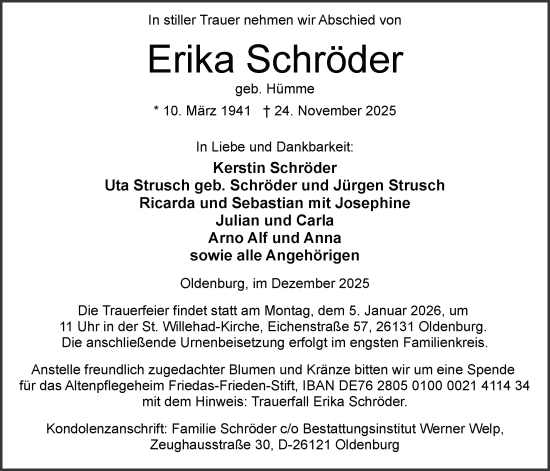 Traueranzeige von Erika Schröder von Nordwest-Zeitung