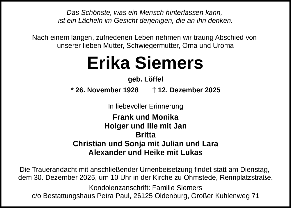  Traueranzeige für Erika Siemers vom 20.12.2025 aus Nordwest-Zeitung