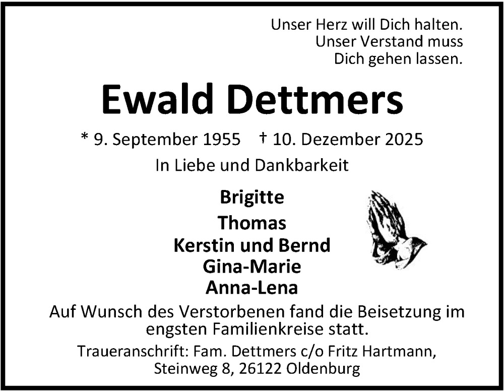  Traueranzeige für Ewald Dettmers vom 27.12.2025 aus Nordwest-Zeitung