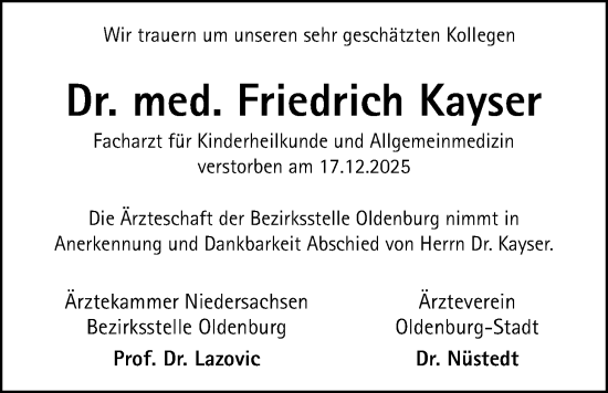 Traueranzeige von Friedrich Kayser von Nordwest-Zeitung