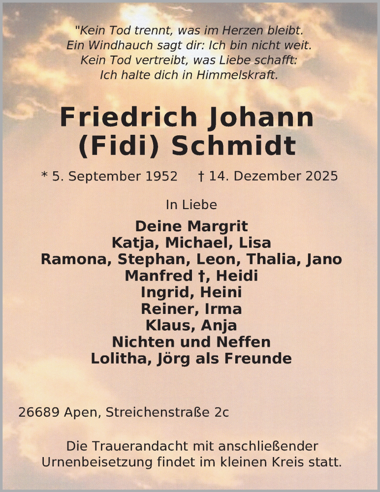  Traueranzeige für Friedrich Johann Schmidt vom 19.12.2025 aus Nordwest-Zeitung