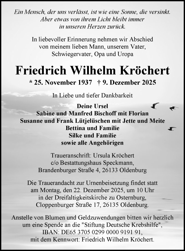  Traueranzeige für Friedrich Wilhelm Köchert vom 13.12.2025 aus Nordwest-Zeitung