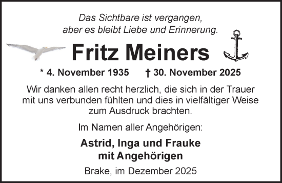 Traueranzeige von Fritz Meiners von Nordwest-Zeitung