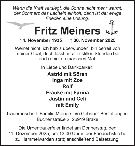 Traueranzeige von Fritz Meiners von Nordwest-Zeitung