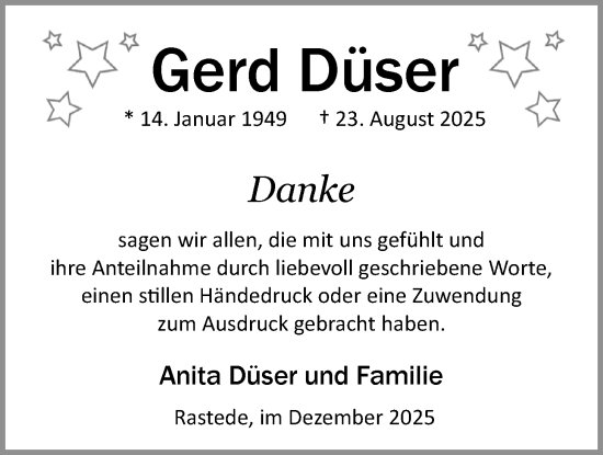 Traueranzeige von Gerd Düser von Nordwest-Zeitung