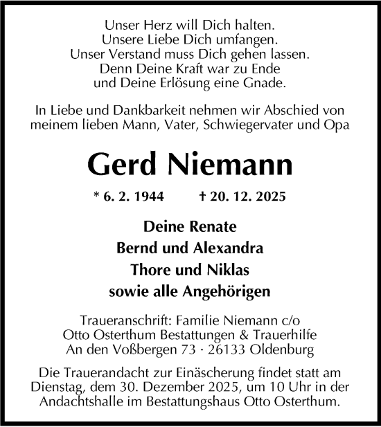 Traueranzeige von Gerd Niemann von Nordwest-Zeitung