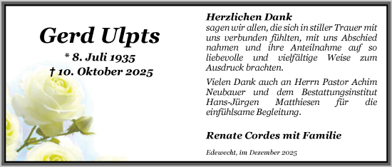Traueranzeige von Gerd Ulpts von Nordwest-Zeitung