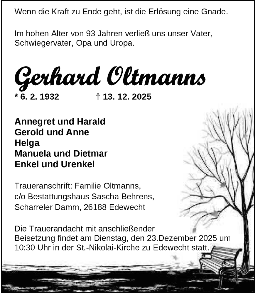  Traueranzeige für Gerhard Oltmanns vom 20.12.2025 aus Nordwest-Zeitung