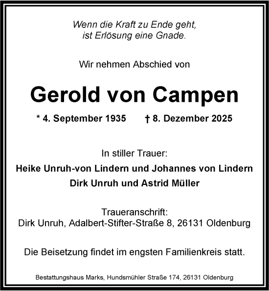 Traueranzeige von Gerold von Campen von Nordwest-Zeitung
