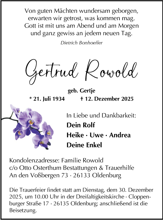 Traueranzeige von Gertrud Rowold von Nordwest-Zeitung