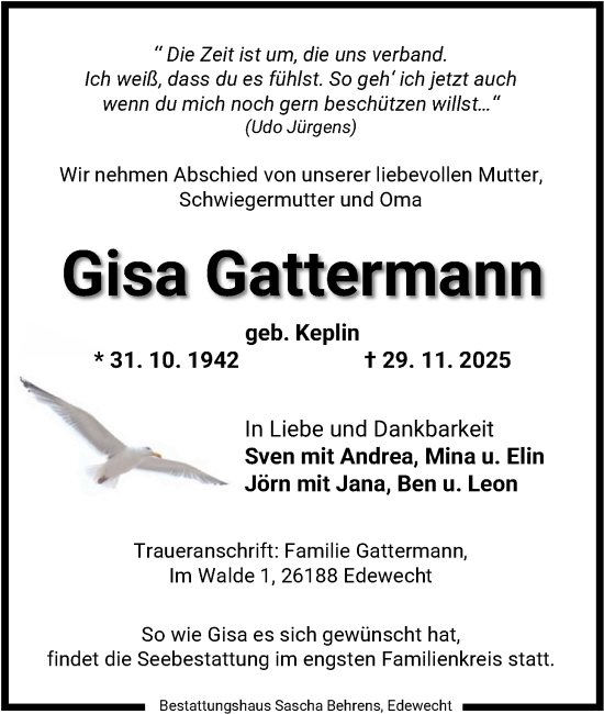 Traueranzeige von Gisa Gattermann von Nordwest-Zeitung