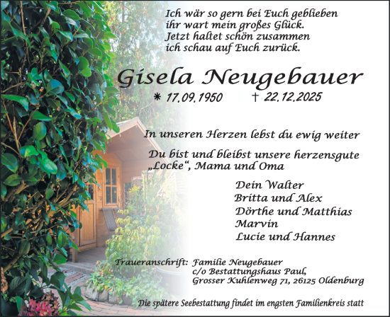 Traueranzeige von Gisela Neugebauer von Nordwest-Zeitung