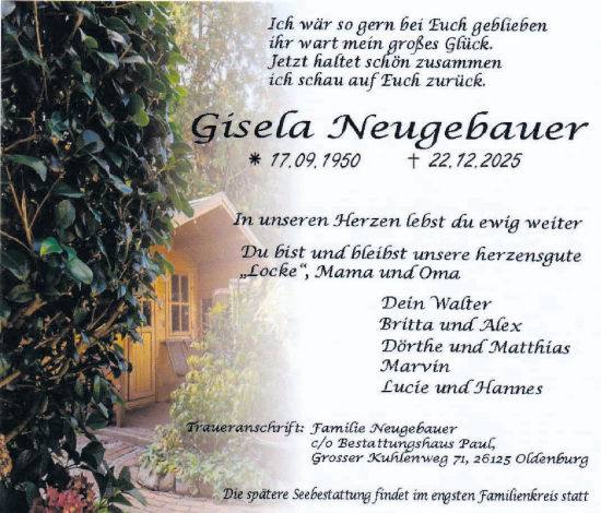 Traueranzeige von Gisela Neugebauer von Nordwest-Zeitung