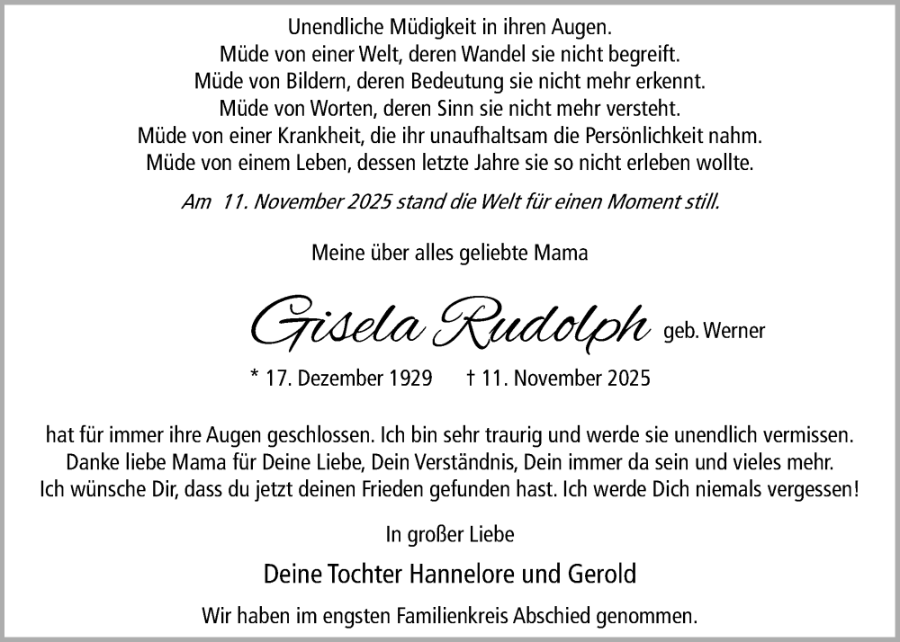  Traueranzeige für Gisela Rudolph vom 11.12.2025 aus Nordwest-Zeitung