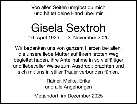 Traueranzeige von Gisela Sextroh von Nordwest-Zeitung