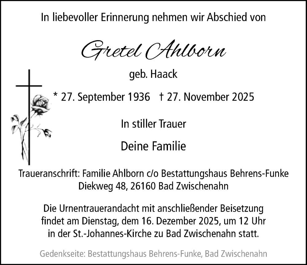  Traueranzeige für Gretel Ahlborn vom 10.12.2025 aus Nordwest-Zeitung