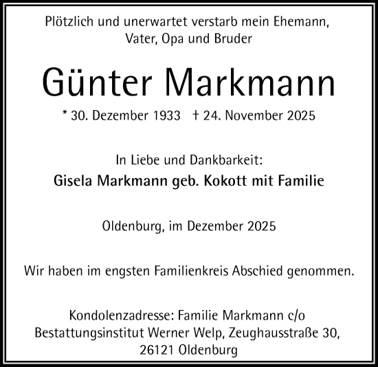 Traueranzeige von Günter Markmann von Nordwest-Zeitung