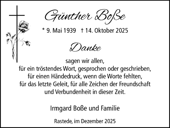 Traueranzeige von Günther Boße von Nordwest-Zeitung