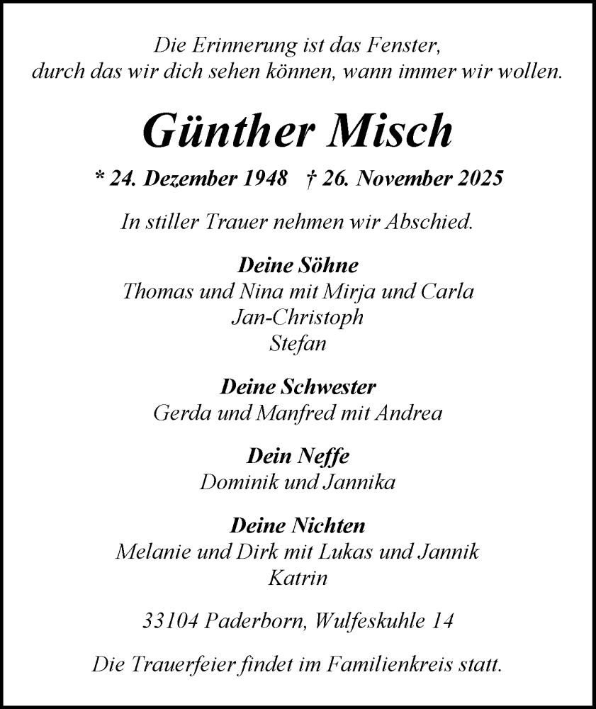  Traueranzeige für Günther Misch vom 13.12.2025 aus Nordwest-Zeitung