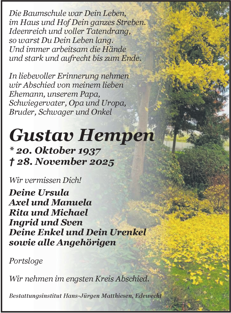  Traueranzeige für Gustav Hempen vom 04.12.2025 aus Nordwest-Zeitung