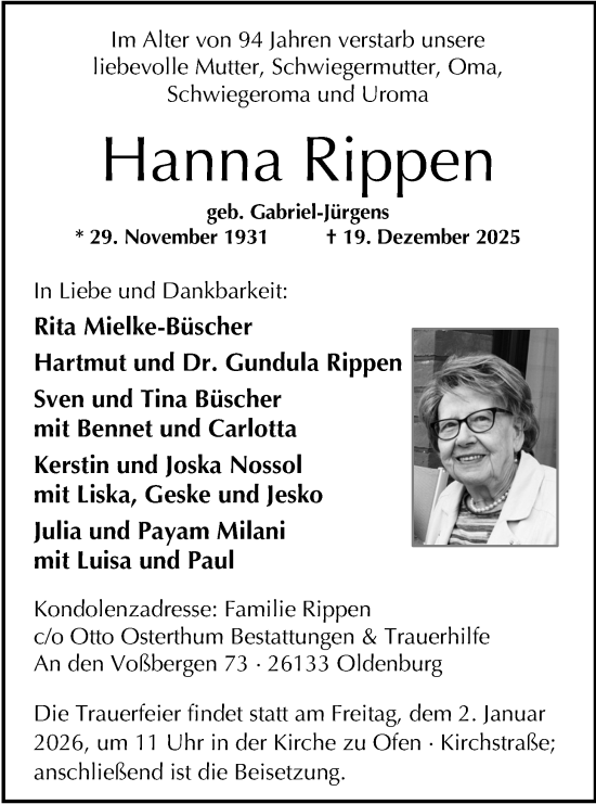 Traueranzeige von Hanna Rippen von Nordwest-Zeitung