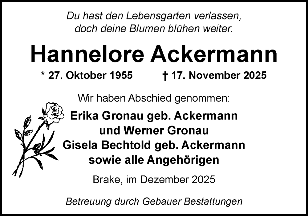  Traueranzeige für Hannelore Ackermann vom 06.12.2025 aus Nordwest-Zeitung