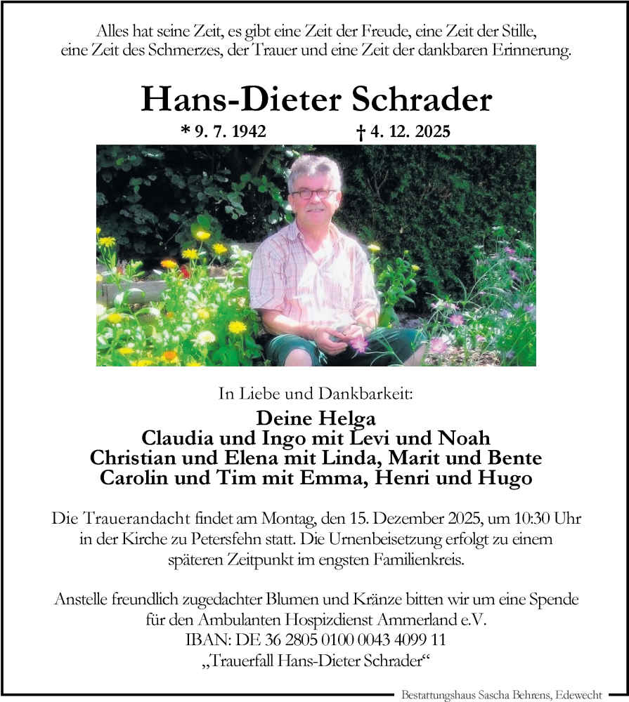  Traueranzeige für Hans-Dieter Schrader vom 13.12.2025 aus Nordwest-Zeitung
