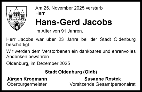 Traueranzeige von Hans-Gerd Jacobs von Nordwest-Zeitung