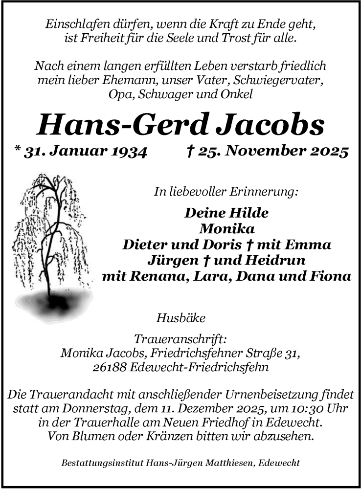  Traueranzeige für Hans-Gerd Jacobs vom 06.12.2025 aus Nordwest-Zeitung